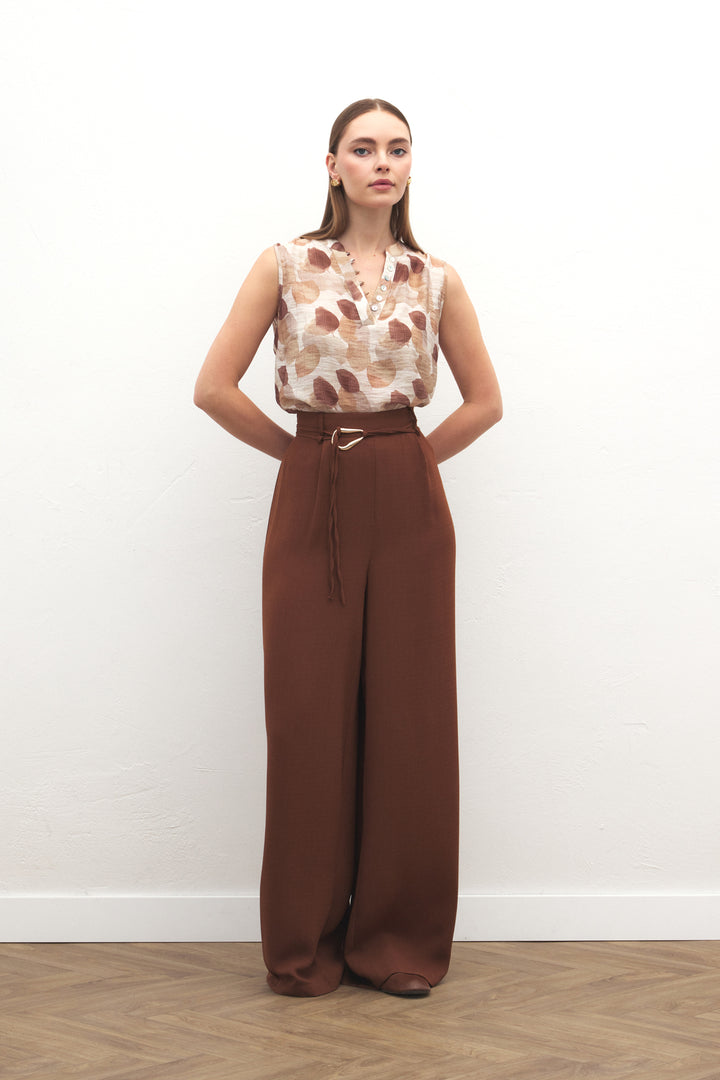 Sateen Pantalon Ample Ceinturé - Marron