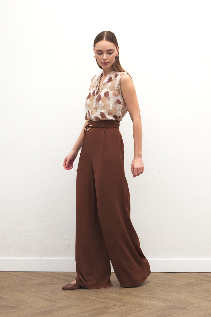 Sateen Pantalon Ample Ceinturé - Marron