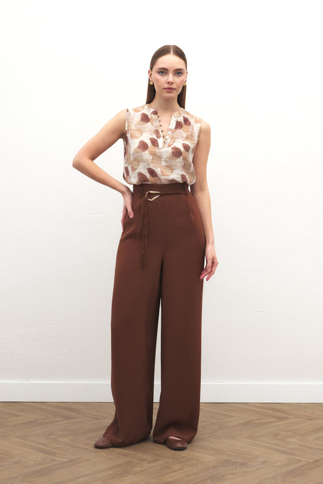 Sateen Pantalon Ample Ceinturé - Marron