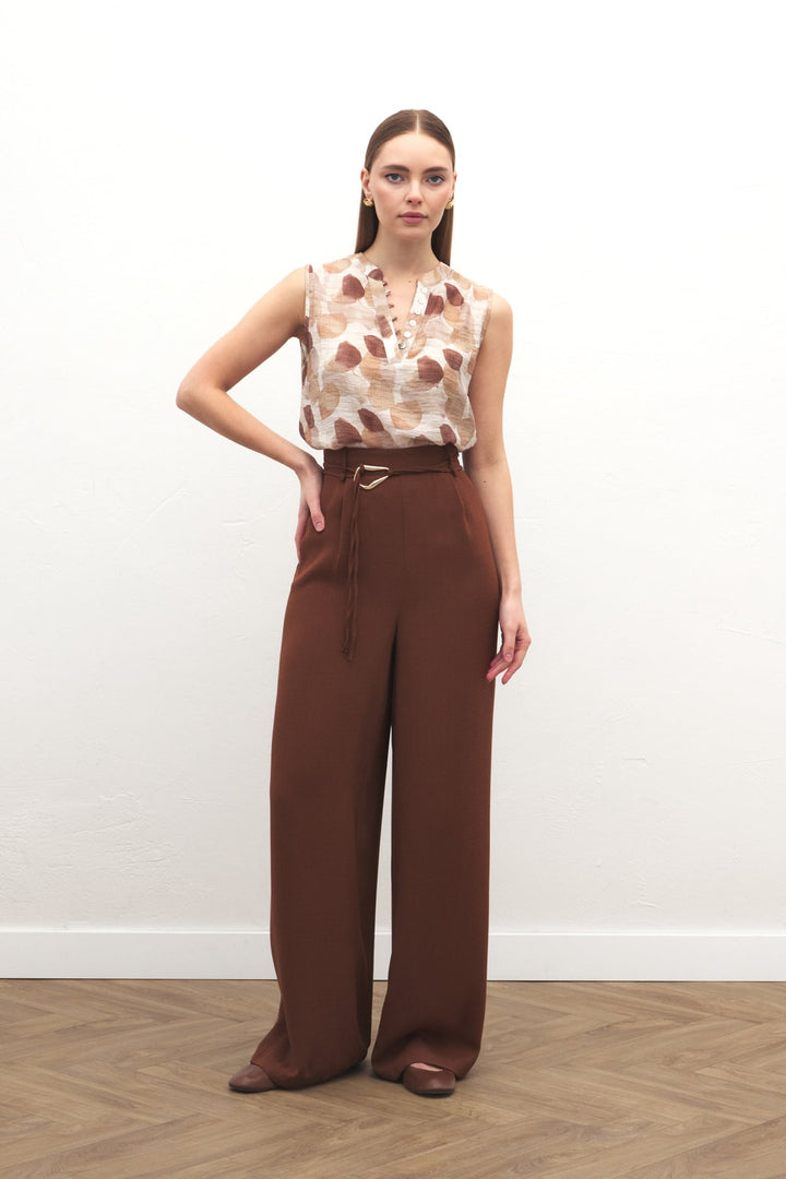 Sateen Pantalon Ample Ceinturé - Marron