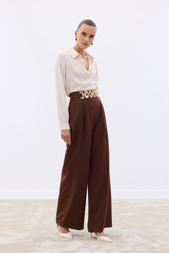 Sateen Pantalon ample ceinturé - Marron