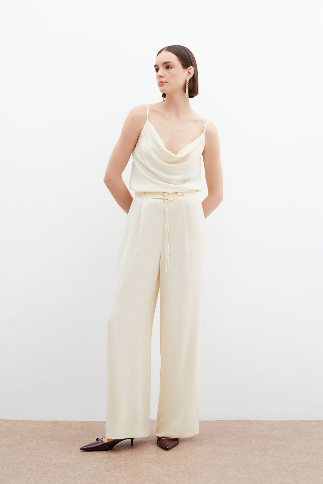 Sateen Pantalon Ample Ceinturé - Crème