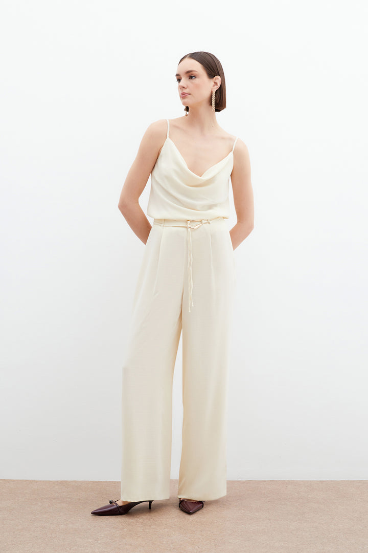 Sateen Pantalon Ample Ceinturé - Crème
