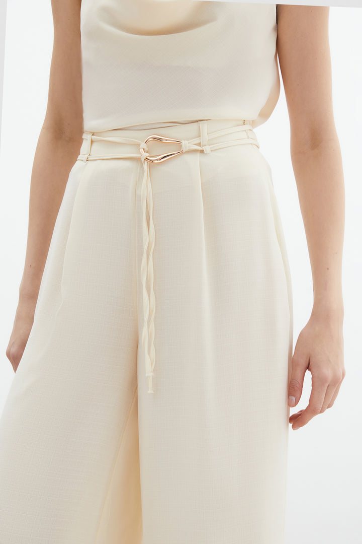 Sateen Pantalon Ample Ceinturé - Crème