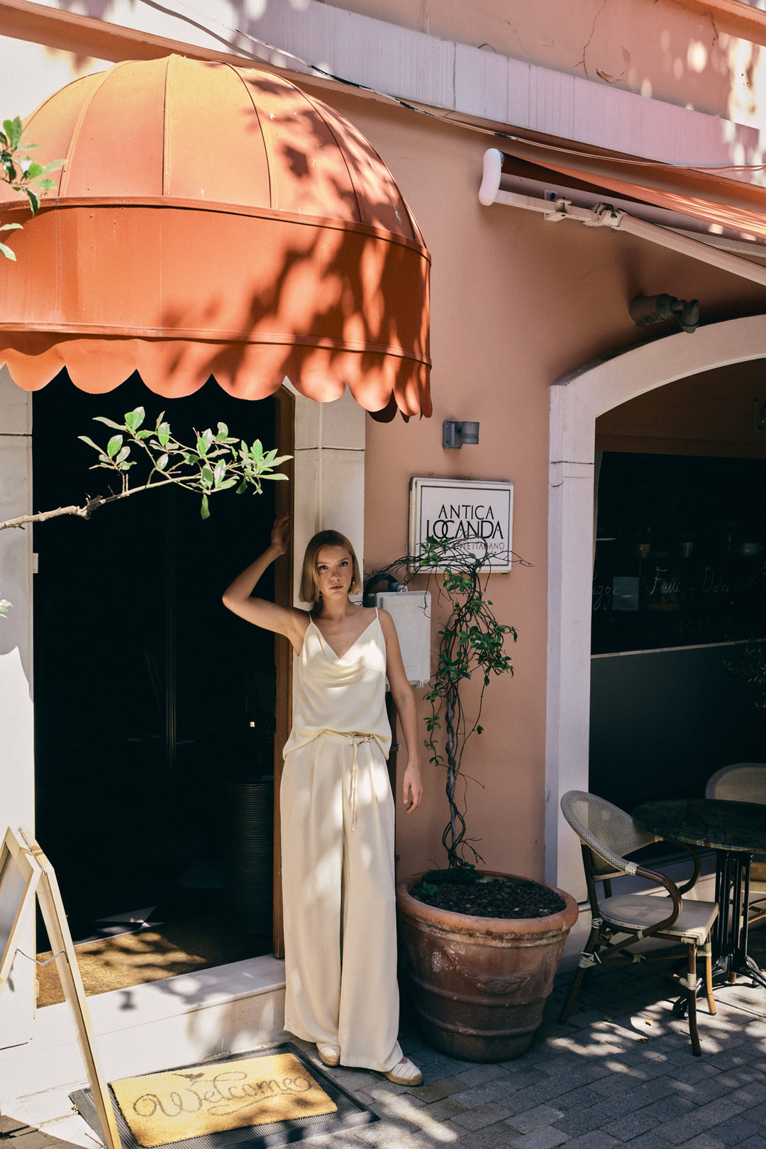 Sateen Pantalon Ample Ceinturé - Crème