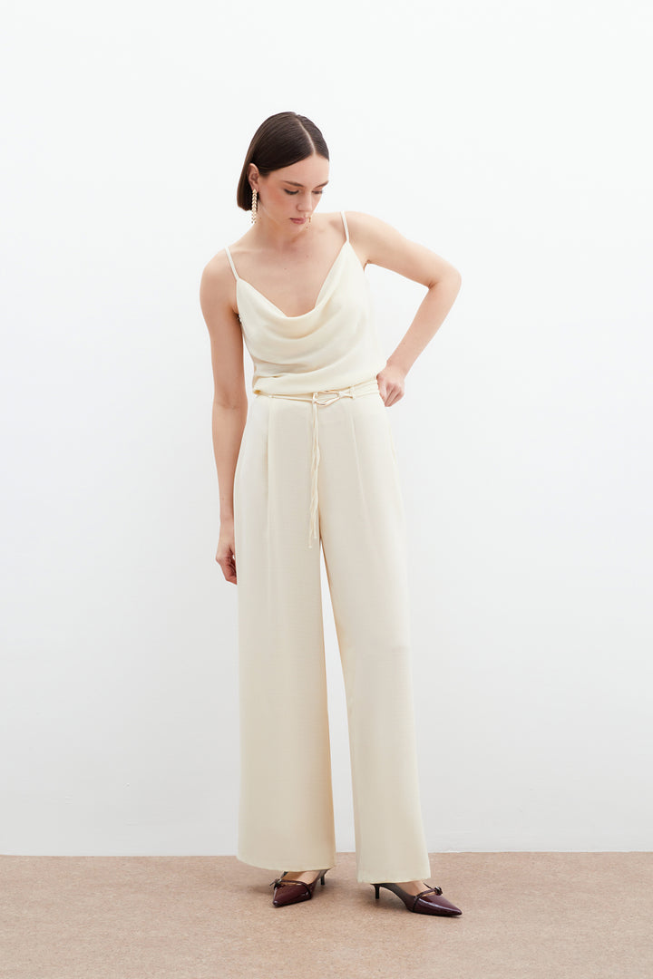 Sateen Pantalon Ample Ceinturé - Crème