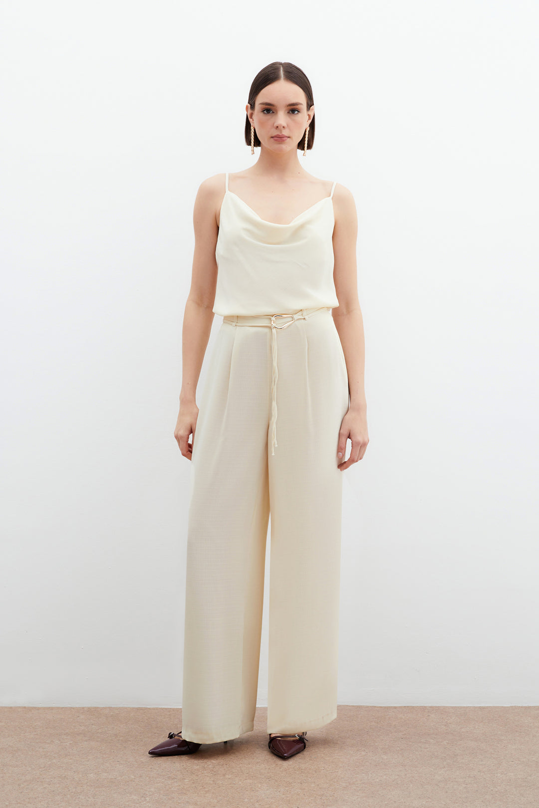 Sateen Pantalon Ample Ceinturé - Crème