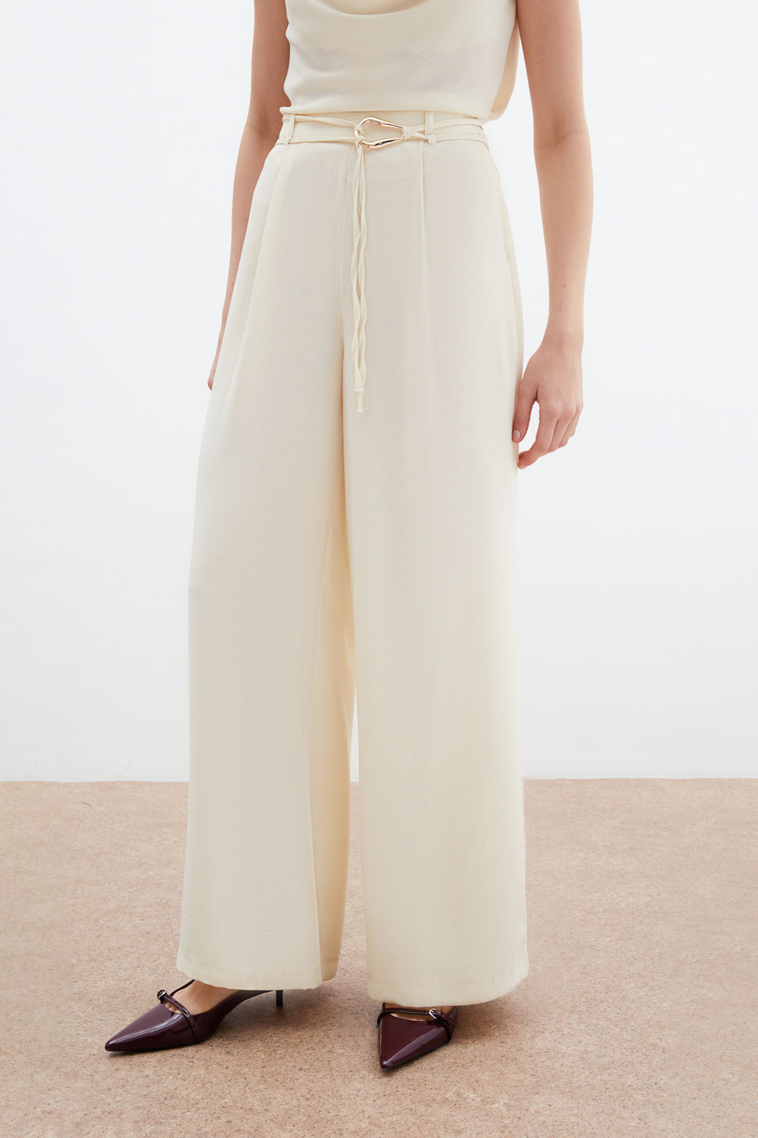 Sateen Pantalon Ample Ceinturé - Crème