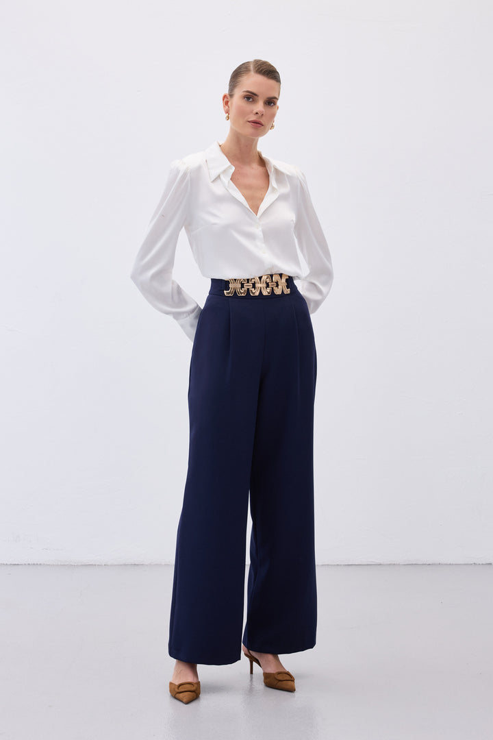 Sateen Pantalon ample ceinturé - Bleu marine