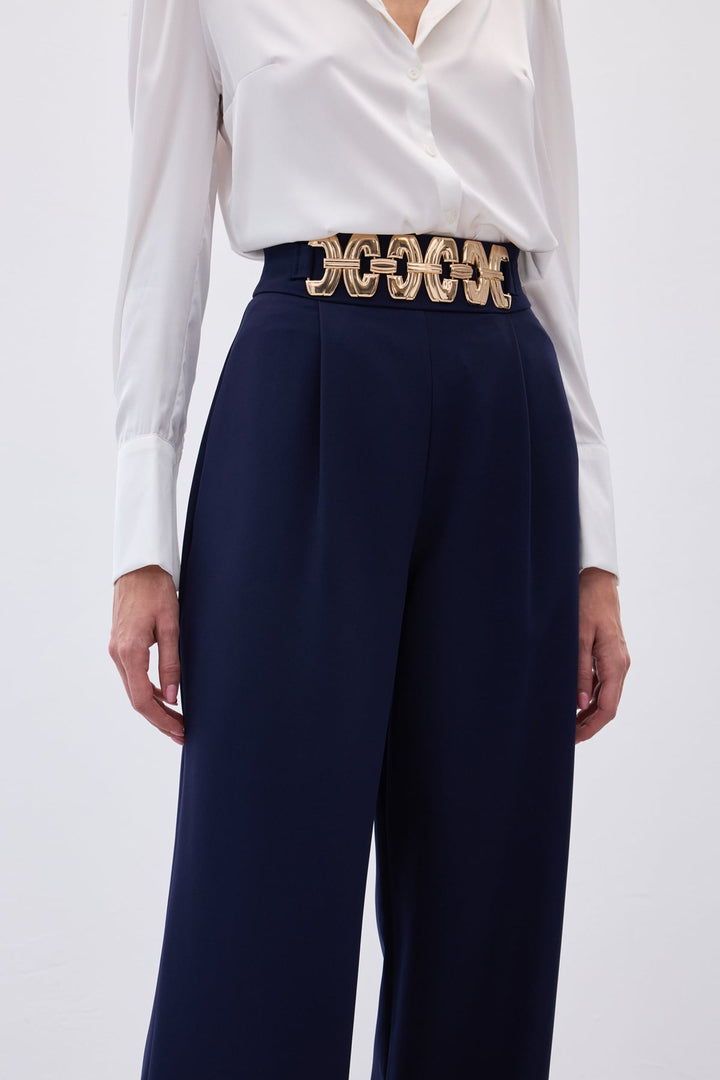 Sateen Pantalon ample ceinturé - Bleu marine