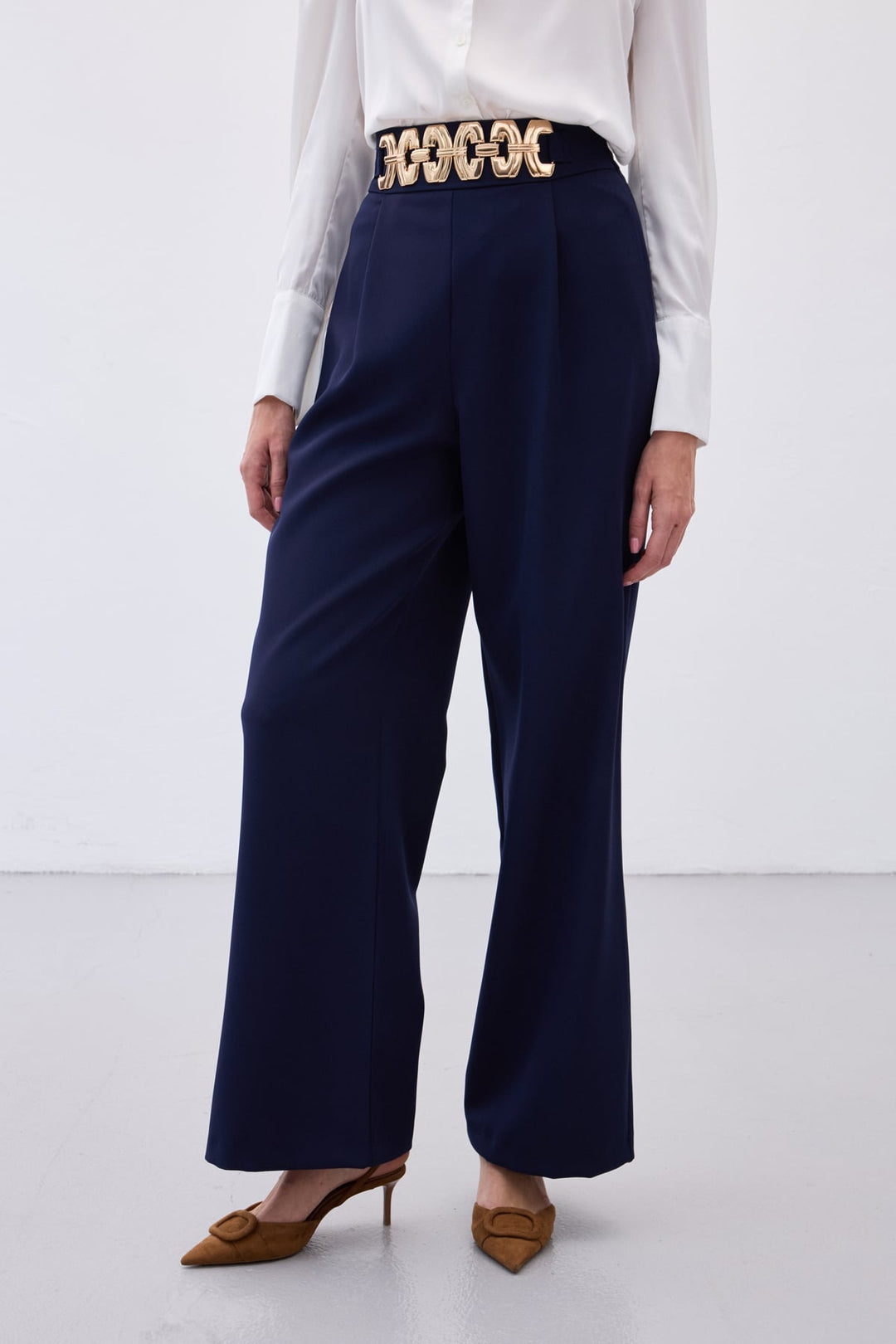 Sateen Pantalon ample ceinturé - Bleu marine