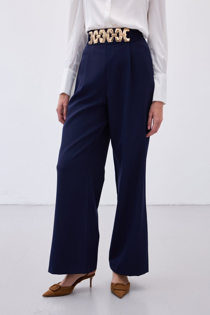 Sateen Pantalon ample ceinturé - Bleu marine