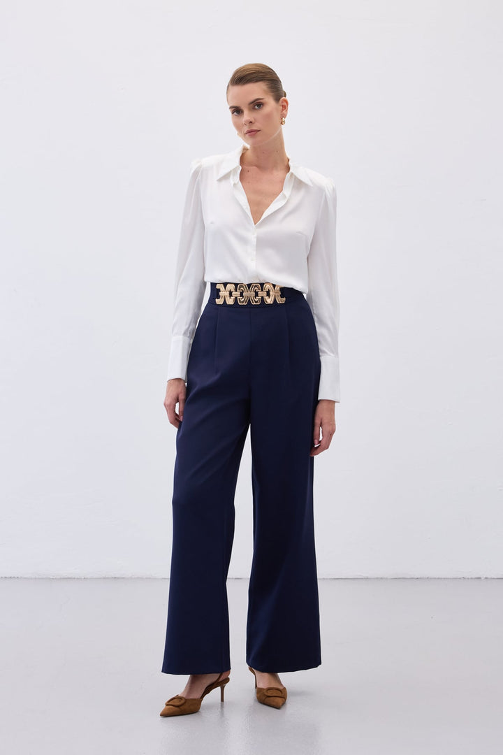 Sateen Pantalon ample ceinturé - Bleu marine