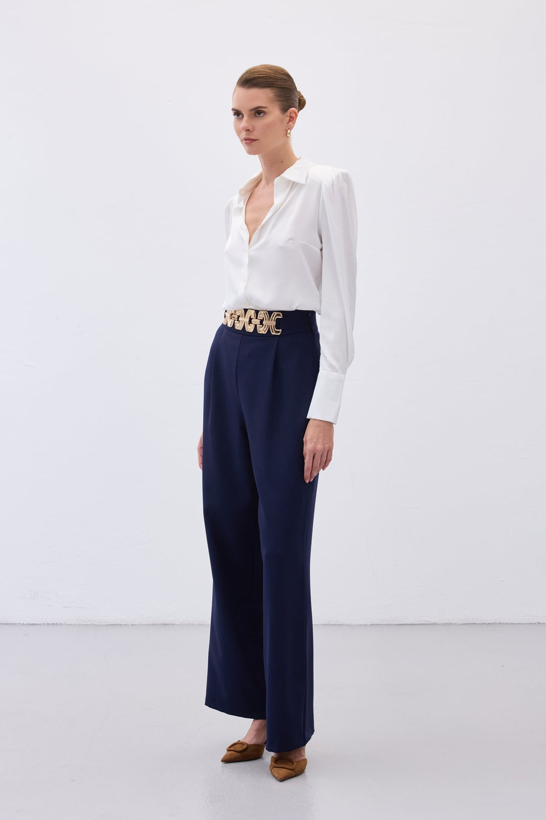 Sateen Pantalon ample ceinturé - Bleu marine