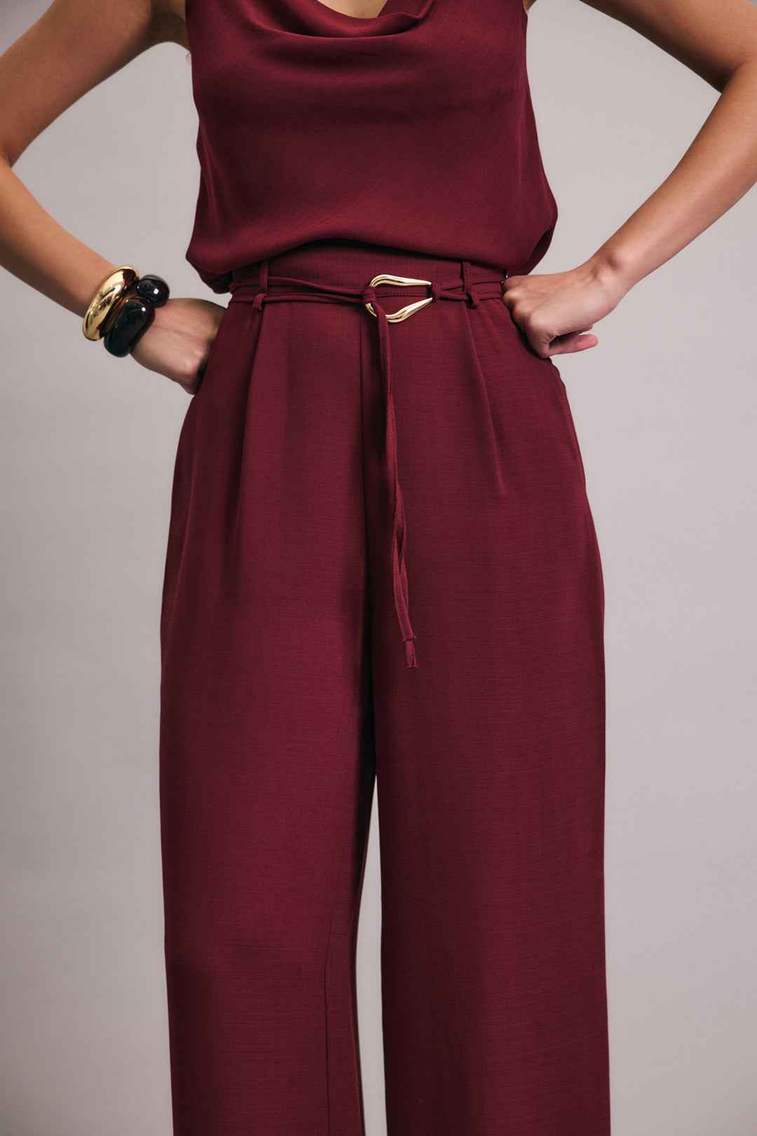 Sateen Pantalon ample ceinturé - Prune