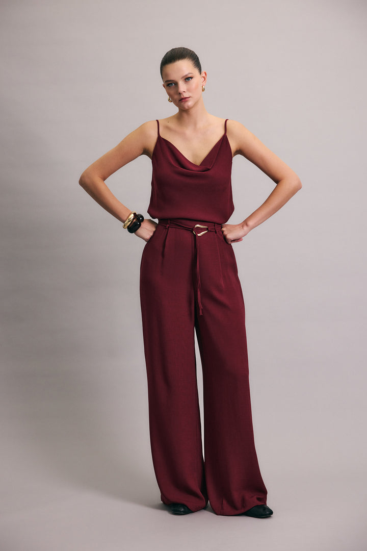 Sateen Pantalon ample ceinturé - Prune