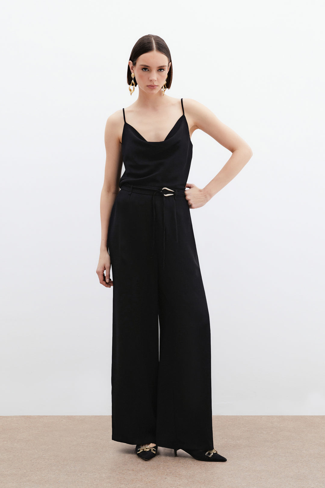 Sateen Pantalon Ample Ceinturé - Noir