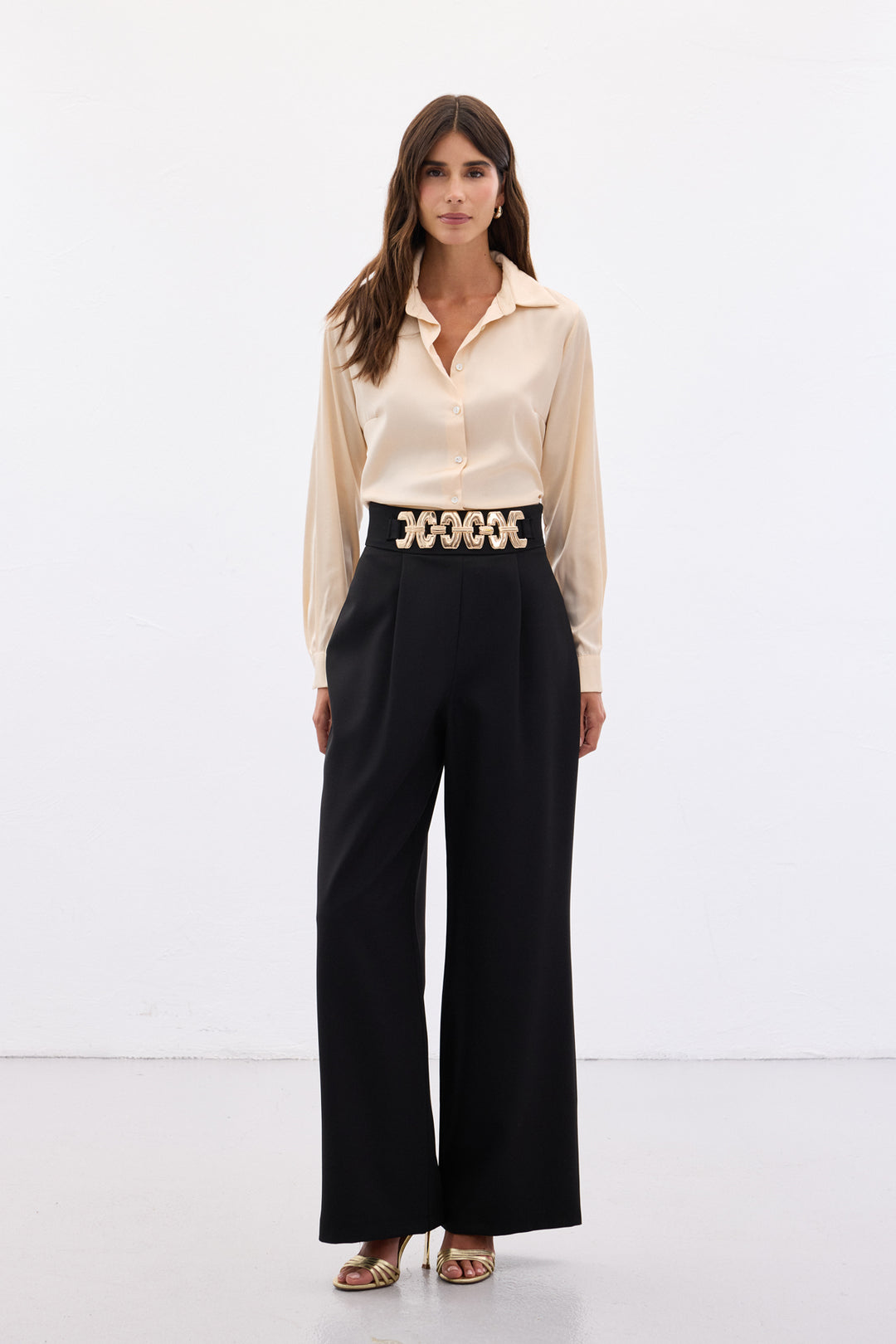 Sateen Pantalon ample ceinturé - Noir