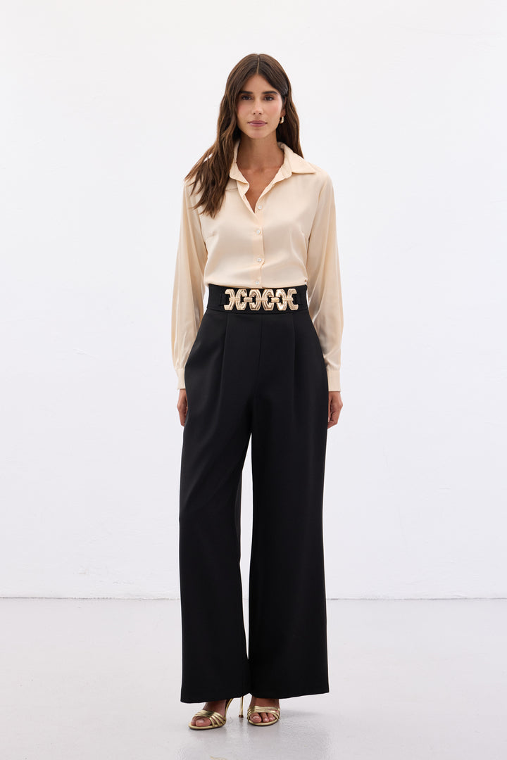 Sateen Pantalon ample ceinturé - Noir