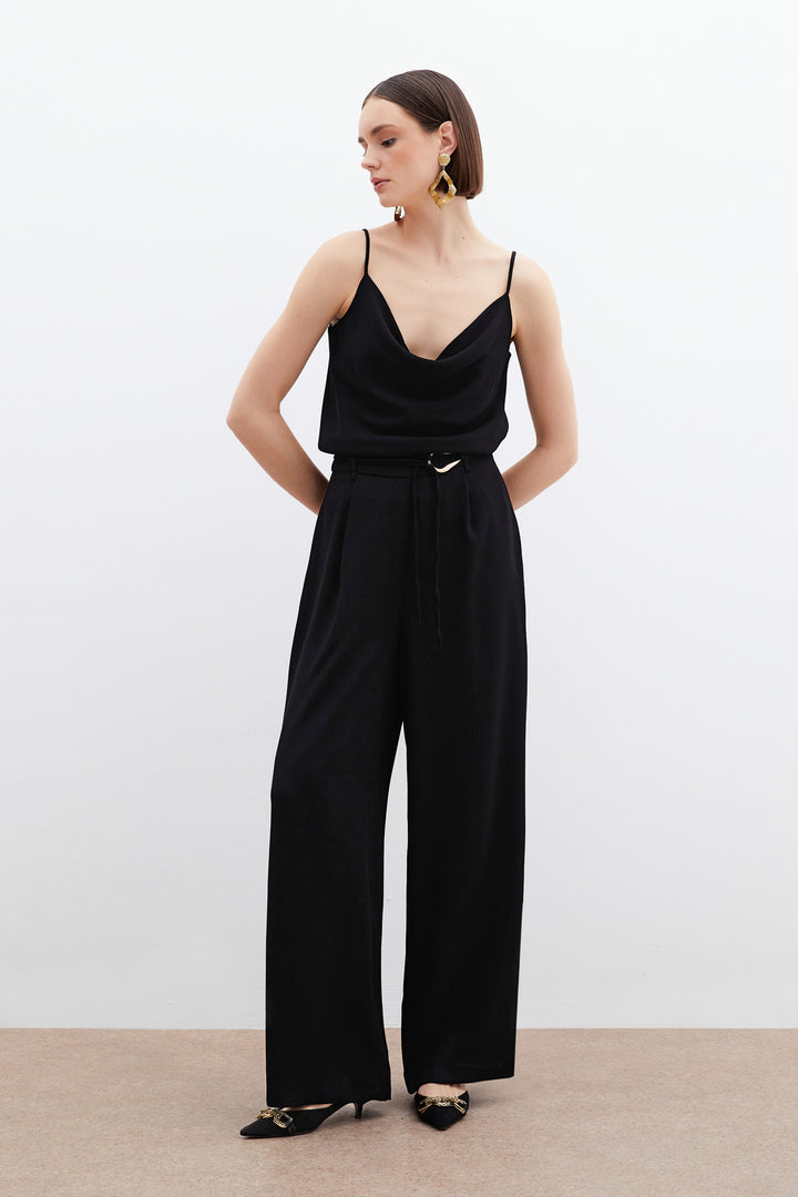 Sateen Pantalon Ample Ceinturé - Noir