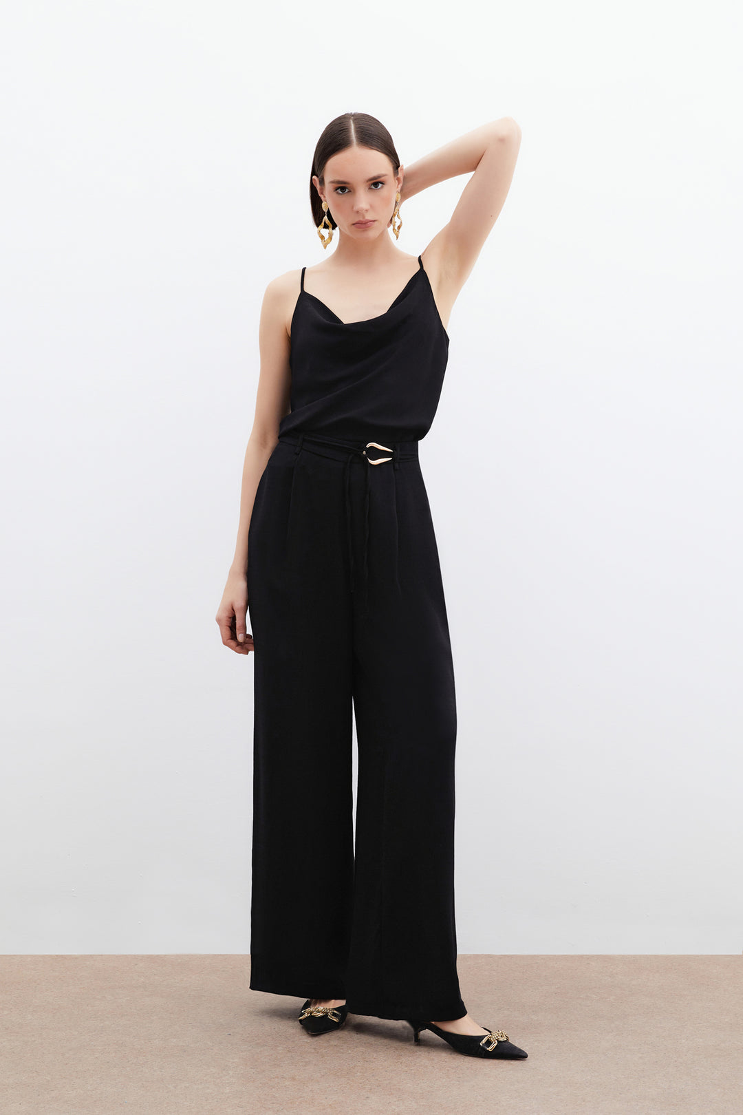 Sateen Pantalon Ample Ceinturé - Noir