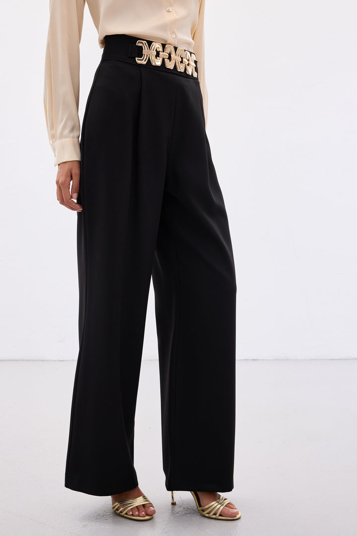 Sateen Pantalon ample ceinturé - Noir