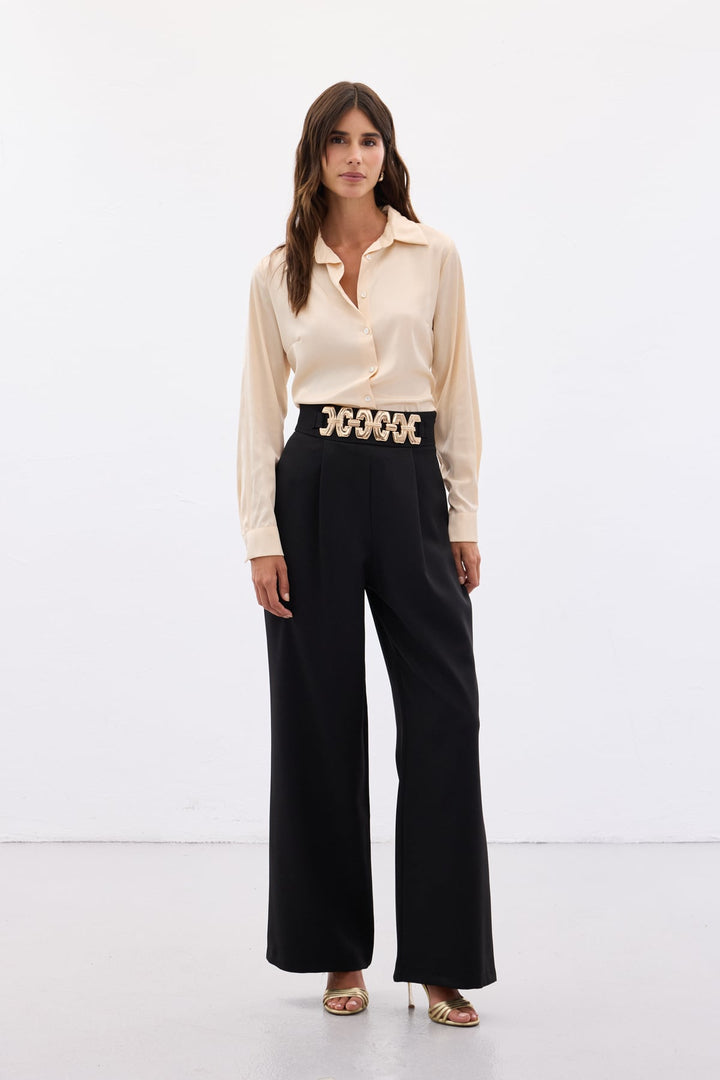 Sateen Pantalon ample ceinturé - Noir
