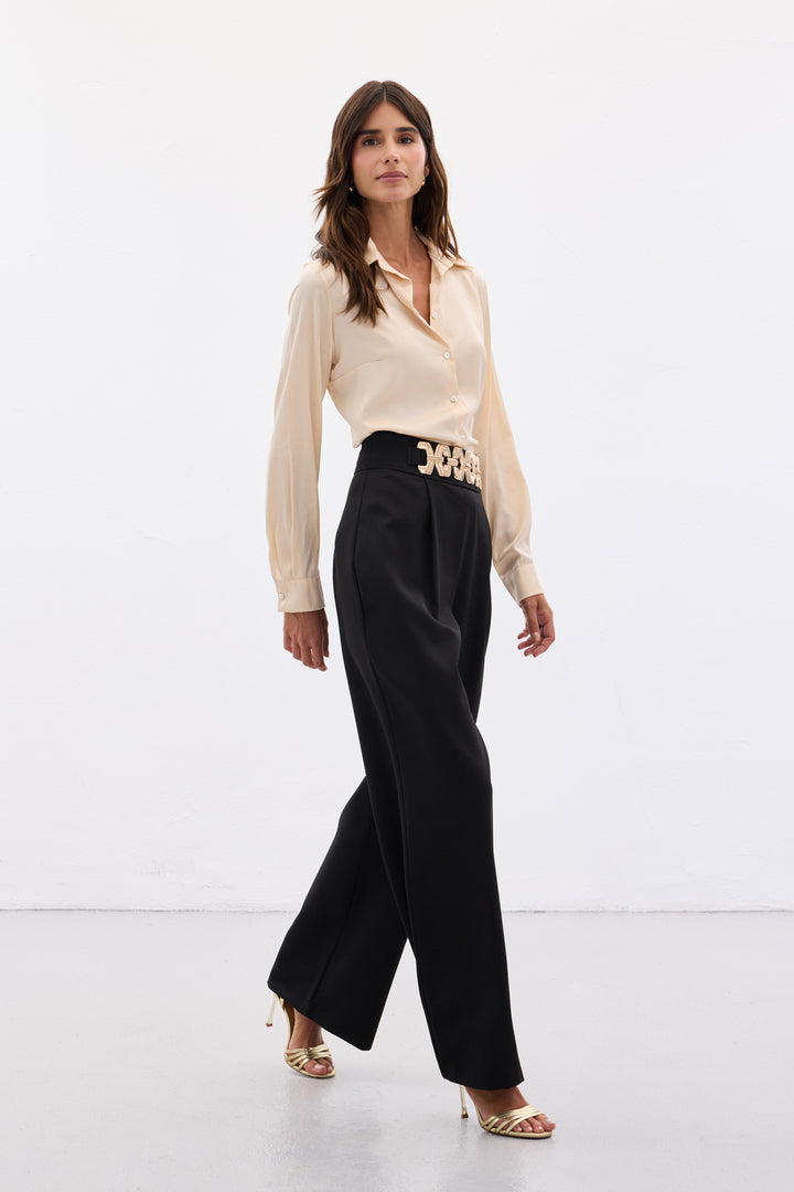 Sateen Pantalon ample ceinturé - Noir