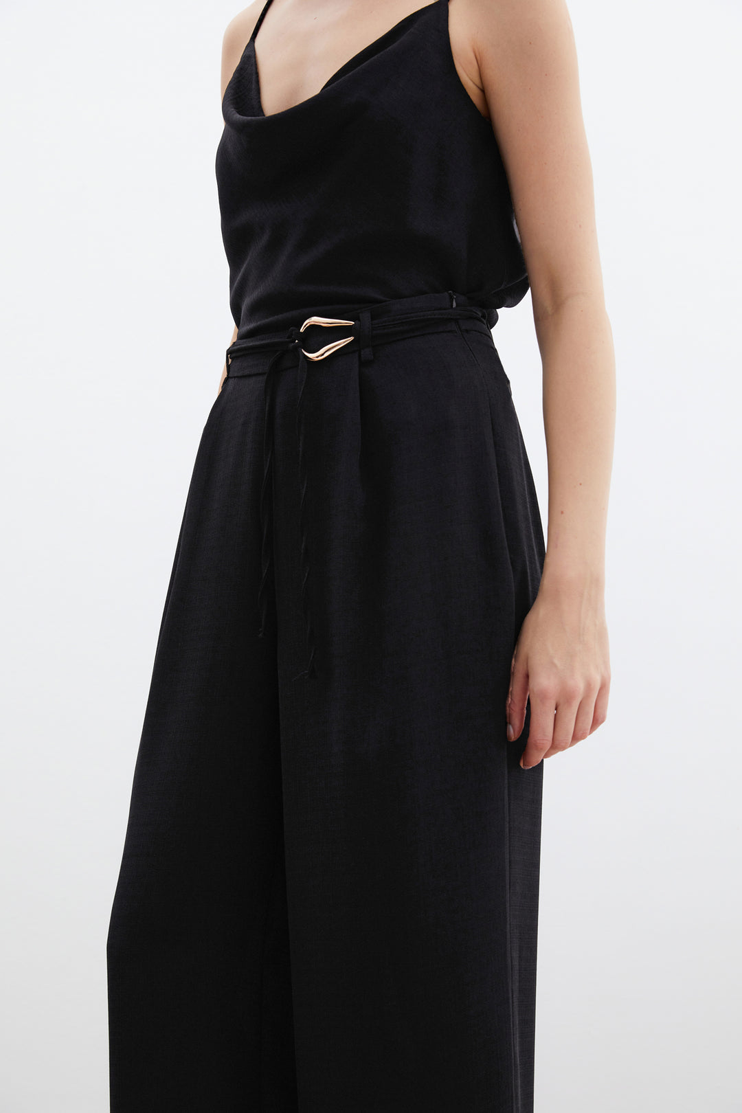 Sateen Pantalon Ample Ceinturé - Noir