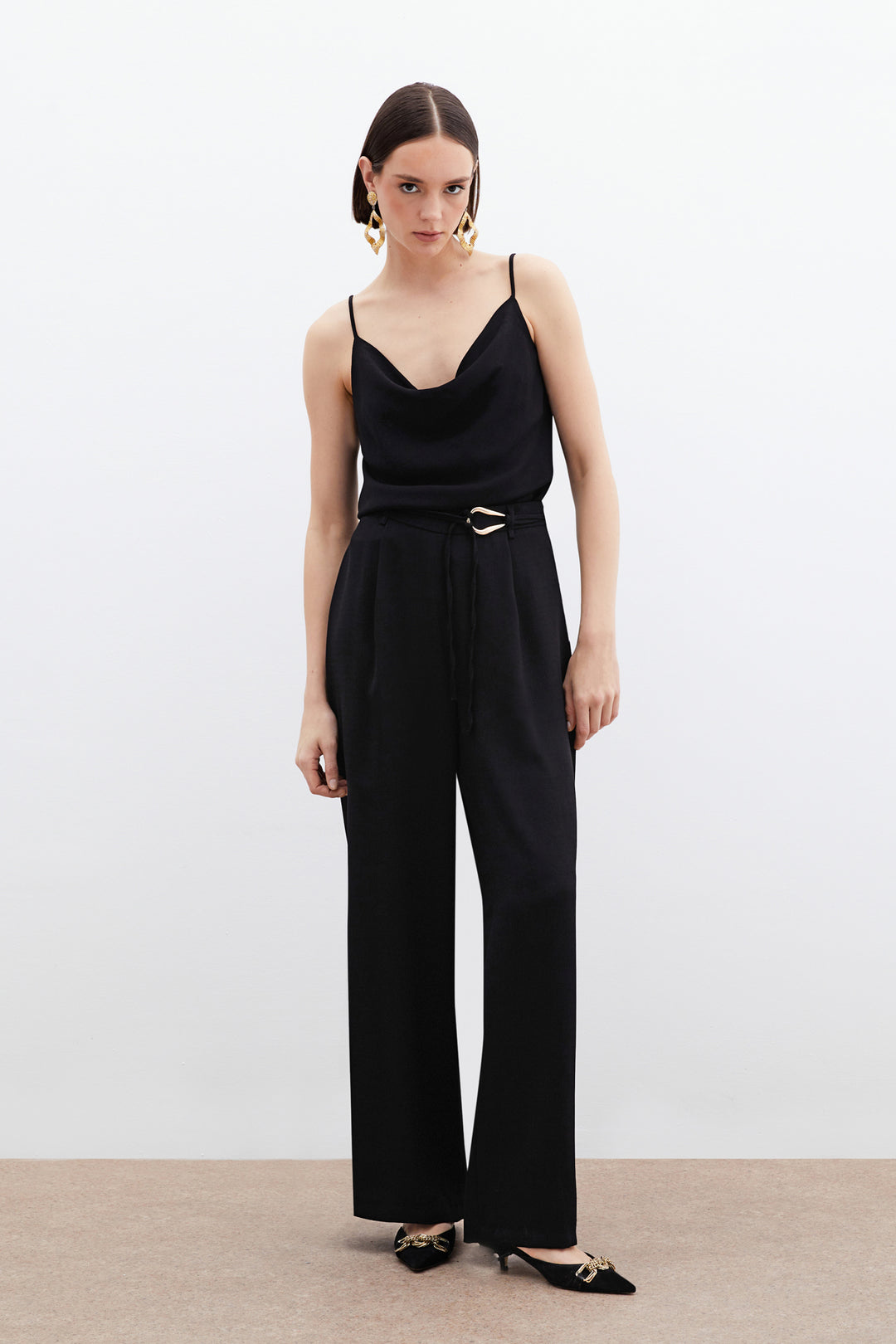 Sateen Pantalon Ample Ceinturé - Noir