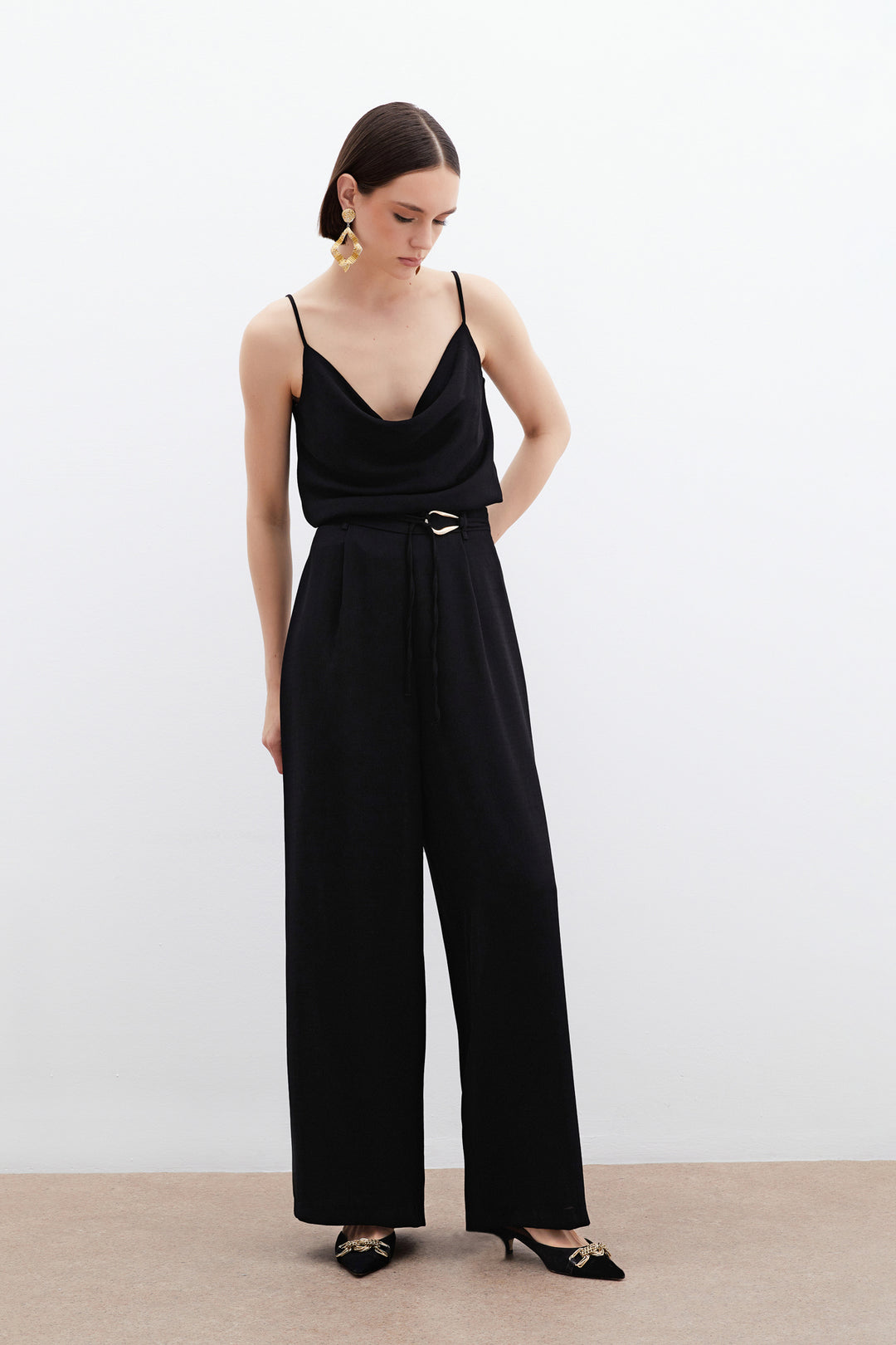 Sateen Pantalon Ample Ceinturé - Noir