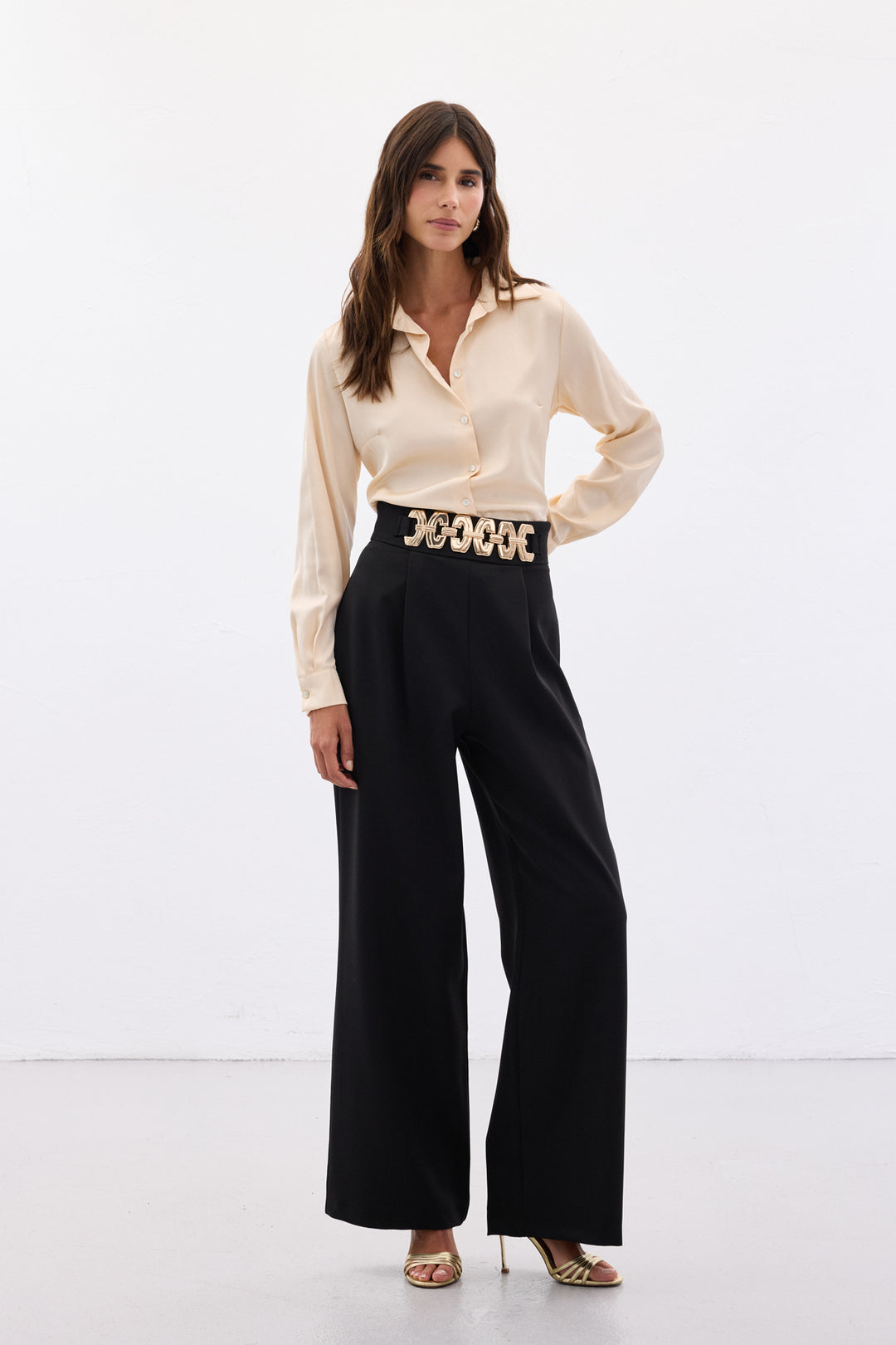 Sateen Pantalon ample ceinturé - Noir