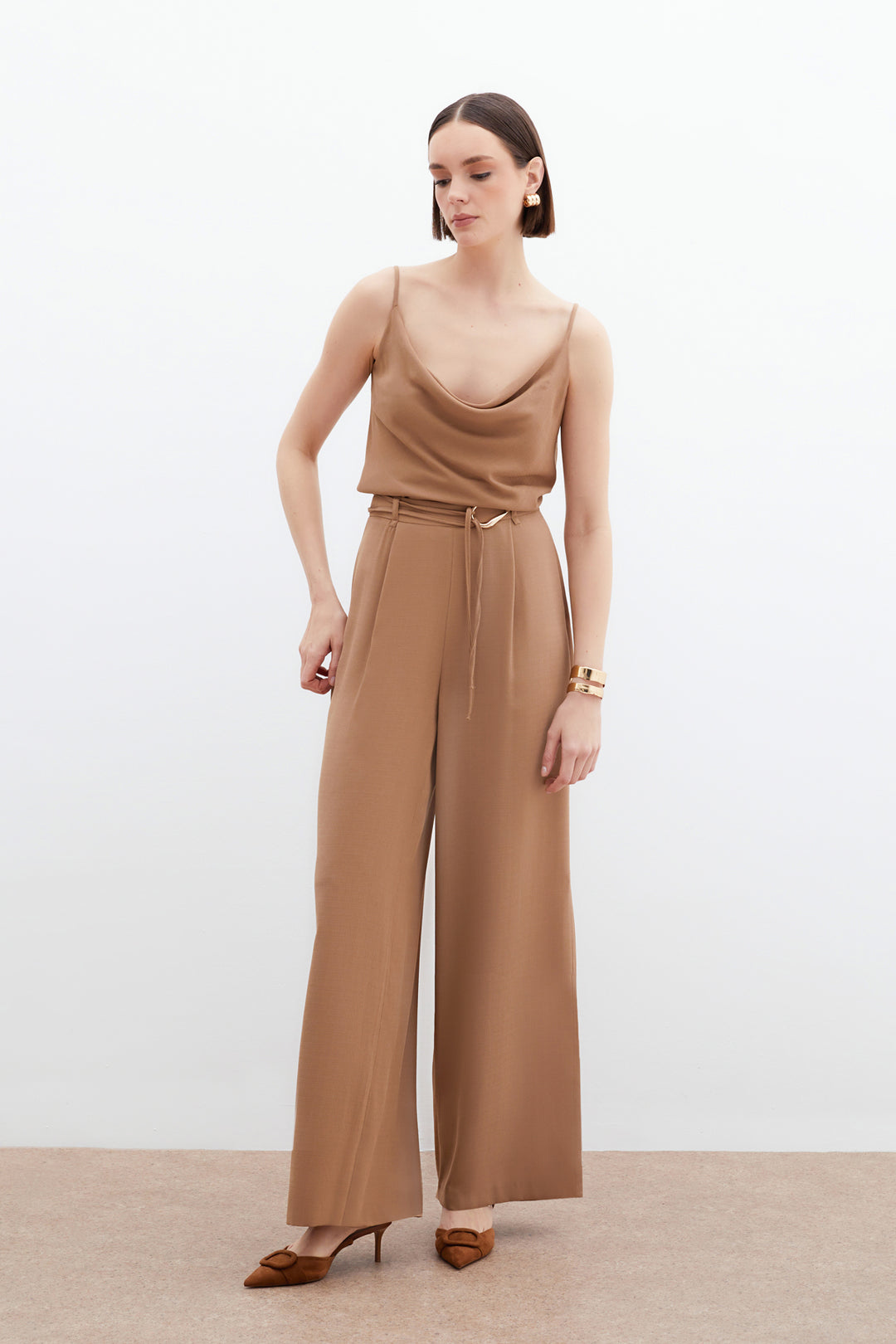 Sateen Pantalon Ample Ceinturé - Vison