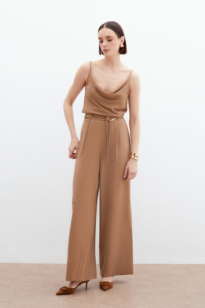 Sateen Pantalon Ample Ceinturé - Vison