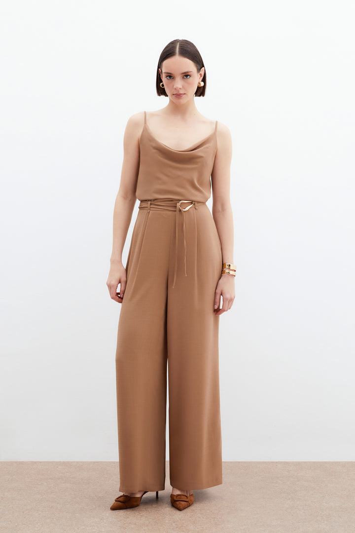 Sateen Pantalon Ample Ceinturé - Vison