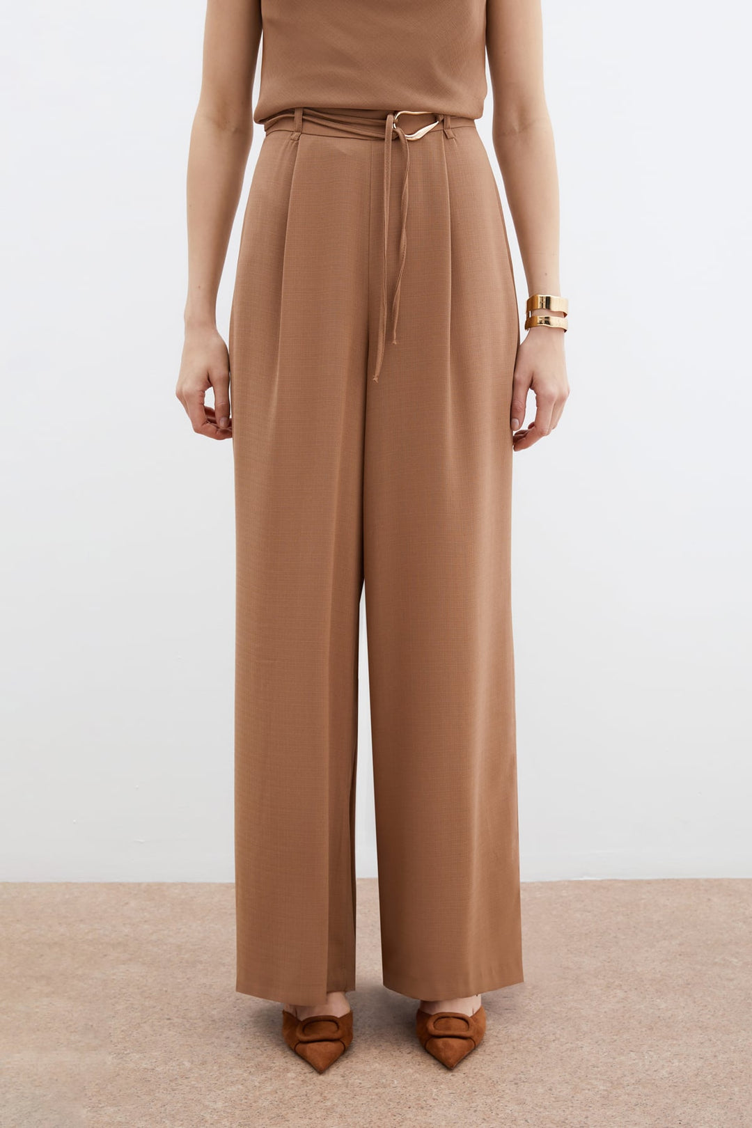 Sateen Pantalon Ample Ceinturé - Vison