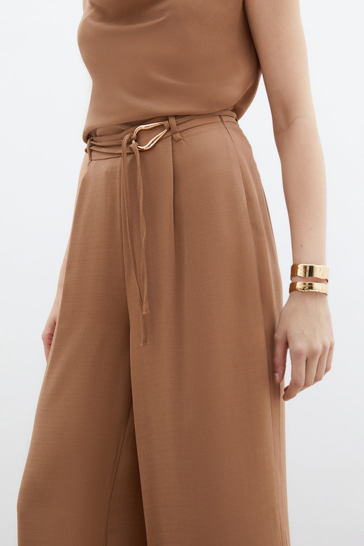 Sateen Pantalon Ample Ceinturé - Vison