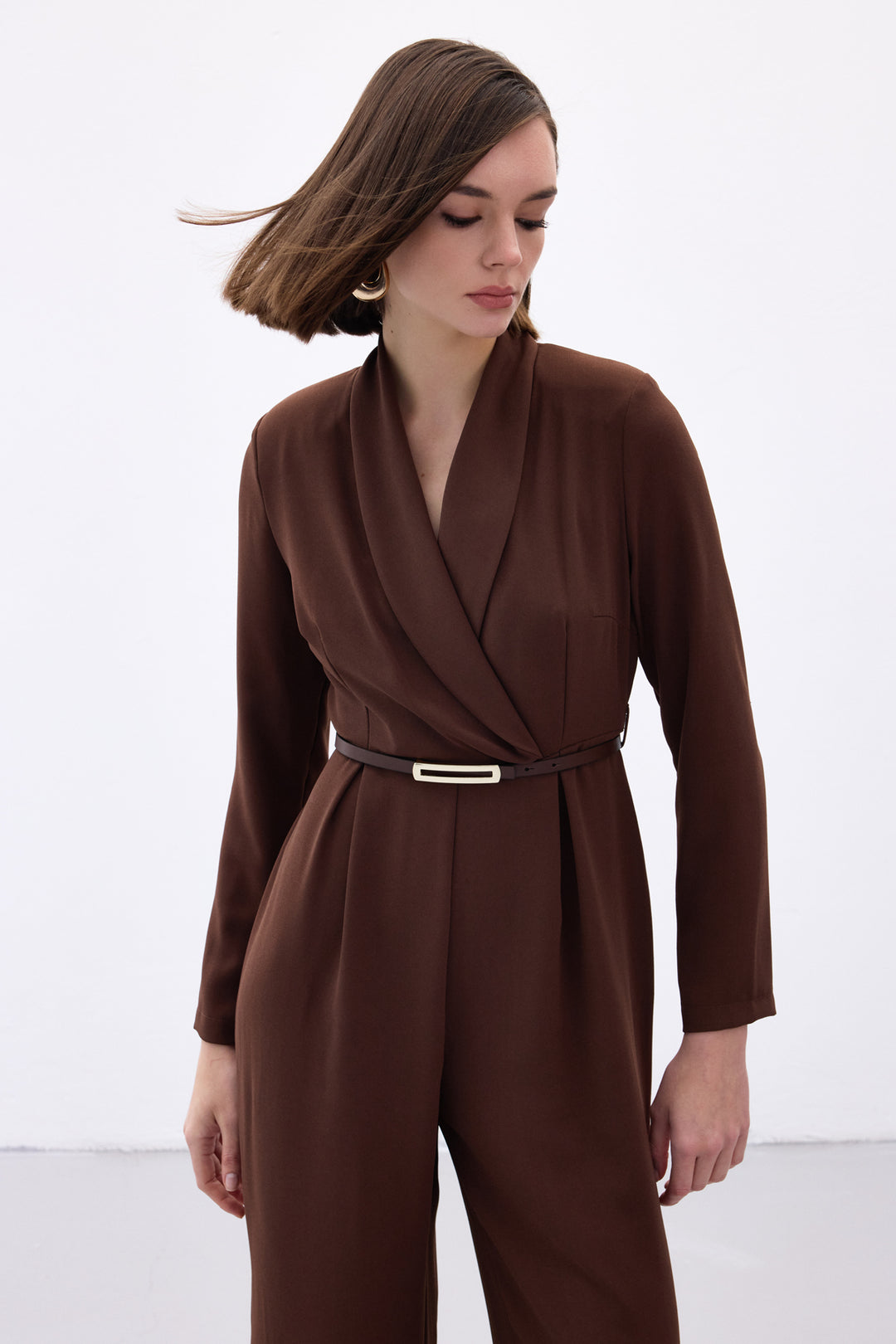 Sateen Combinaison Ample Ceinturée - Marron