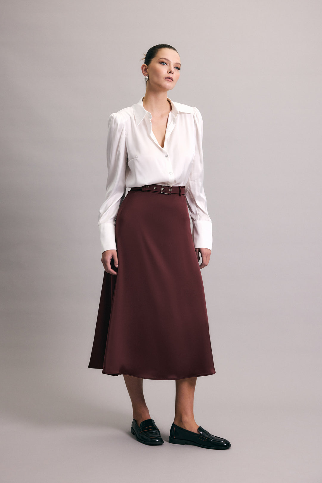 Sateen Jupe en satin à ceinture - Bordeaux