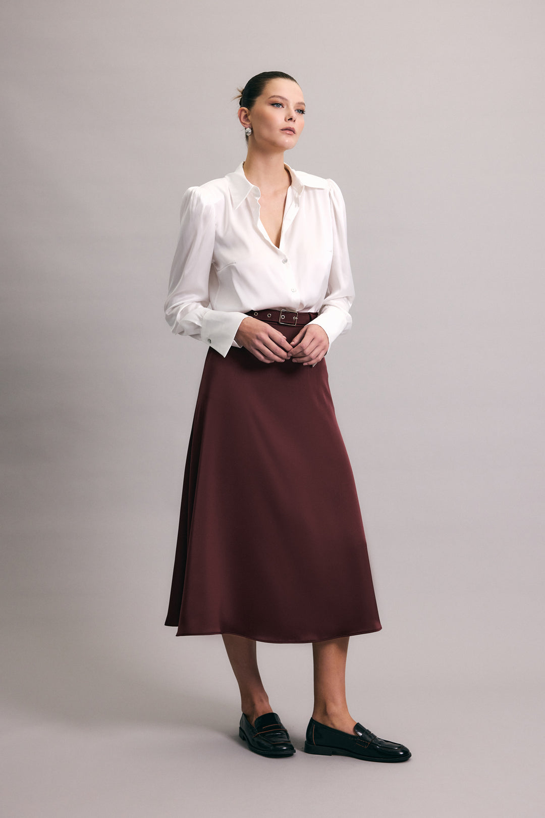 Sateen Jupe en satin à ceinture - Bordeaux