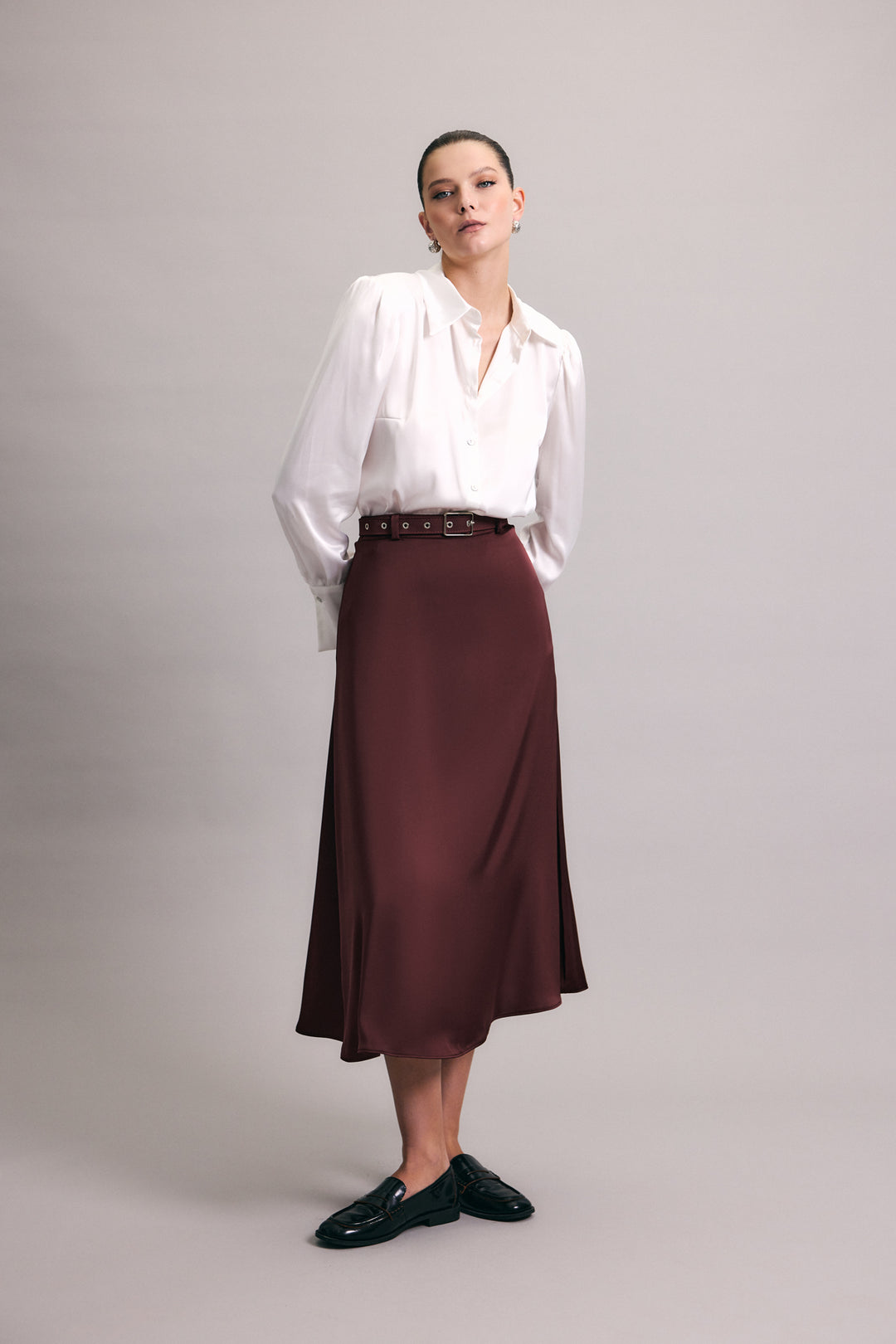 Sateen Jupe en satin à ceinture - Bordeaux