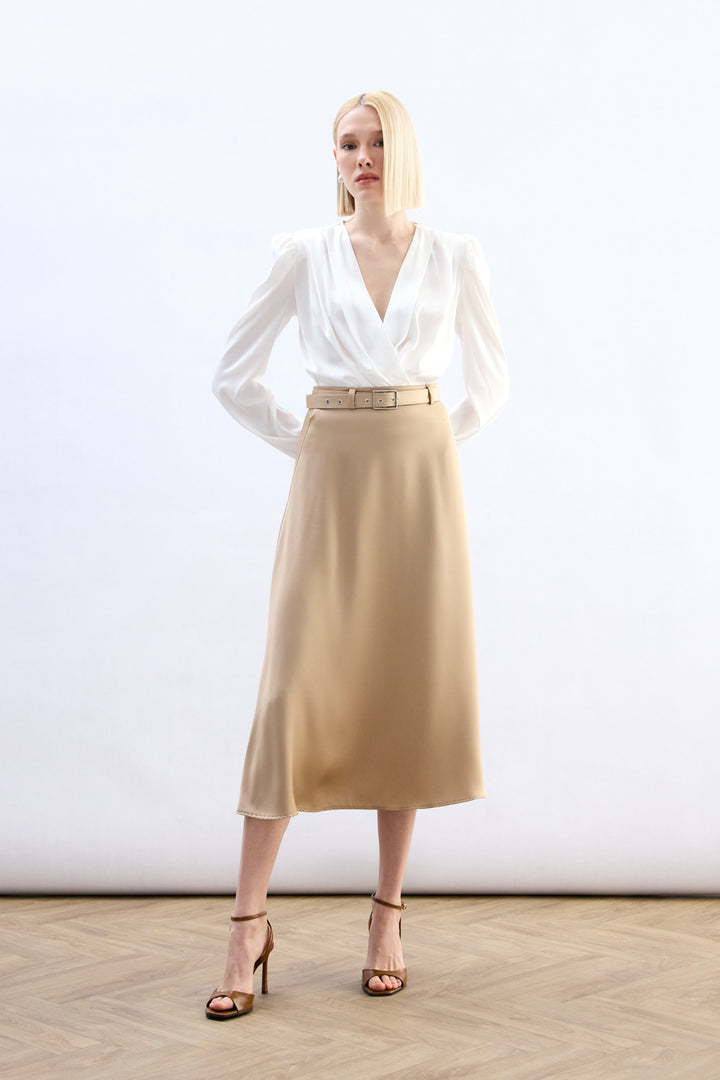 Sateen Jupe en satin à ceinture - camel