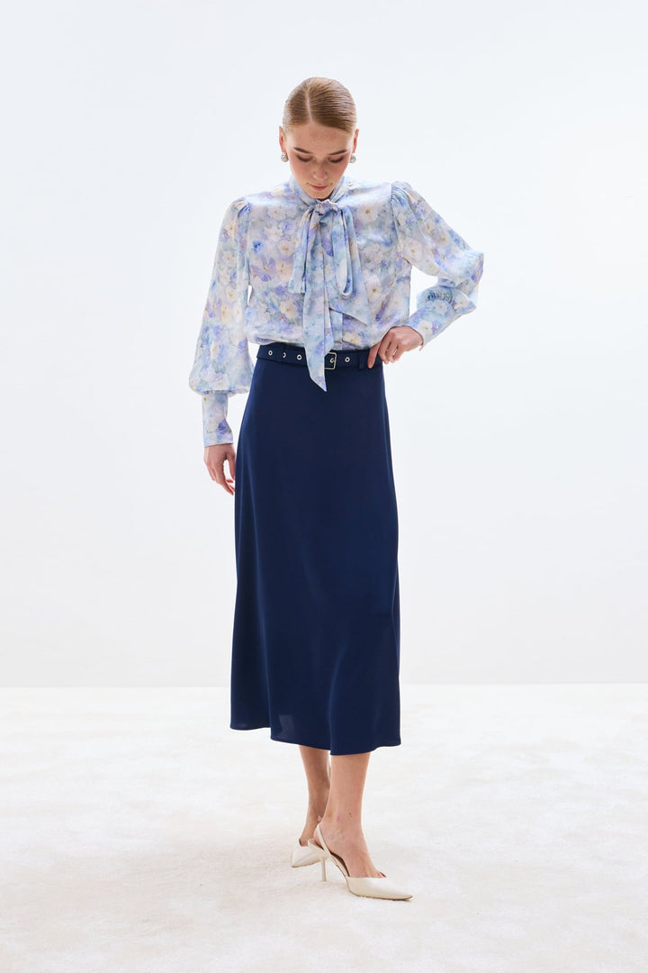 Sateen Jupe en satin à ceinture - Bleu marine