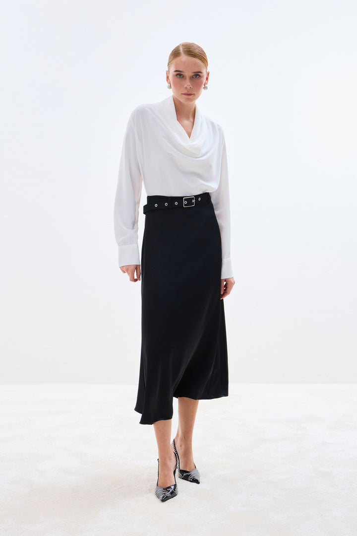 Sateen Jupe en satin à ceinture - Noir