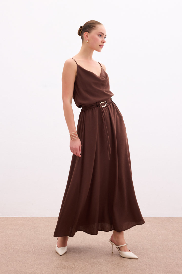 Sateen Jupe longue ceinturée - Marron