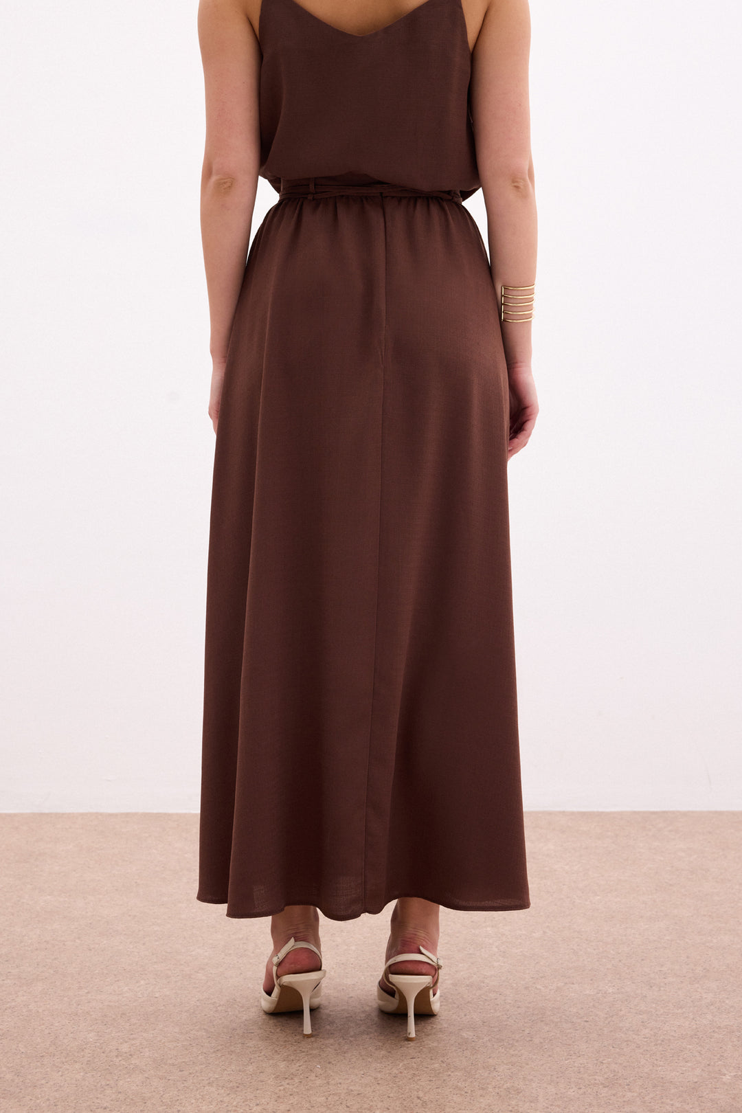 Sateen Jupe longue ceinturée - Marron