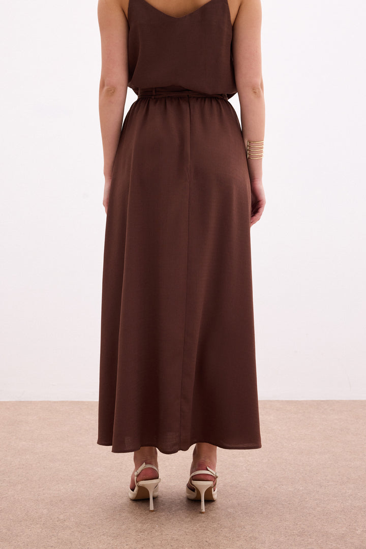 Sateen Jupe longue ceinturée - Marron