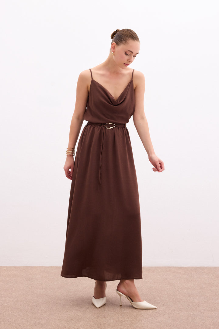Sateen Jupe longue ceinturée - Marron