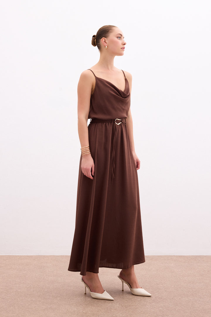 Sateen Jupe longue ceinturée - Marron