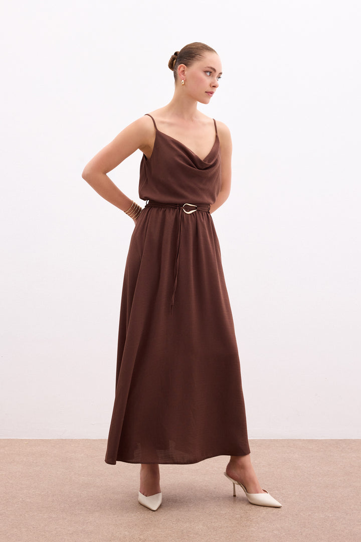 Sateen Jupe longue ceinturée - Marron